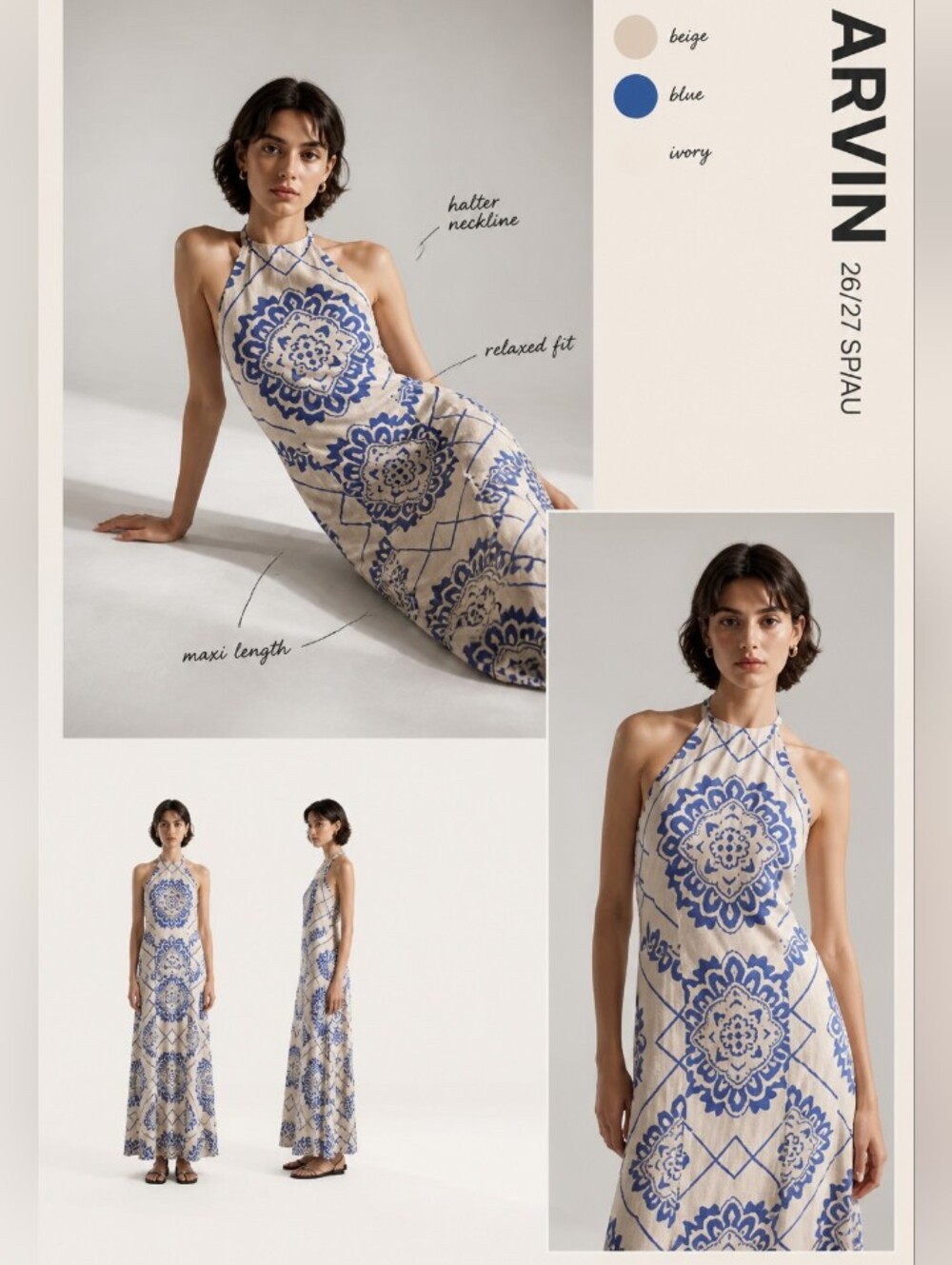 1. State Blue and White Halter Maxi Dress with Tile Print